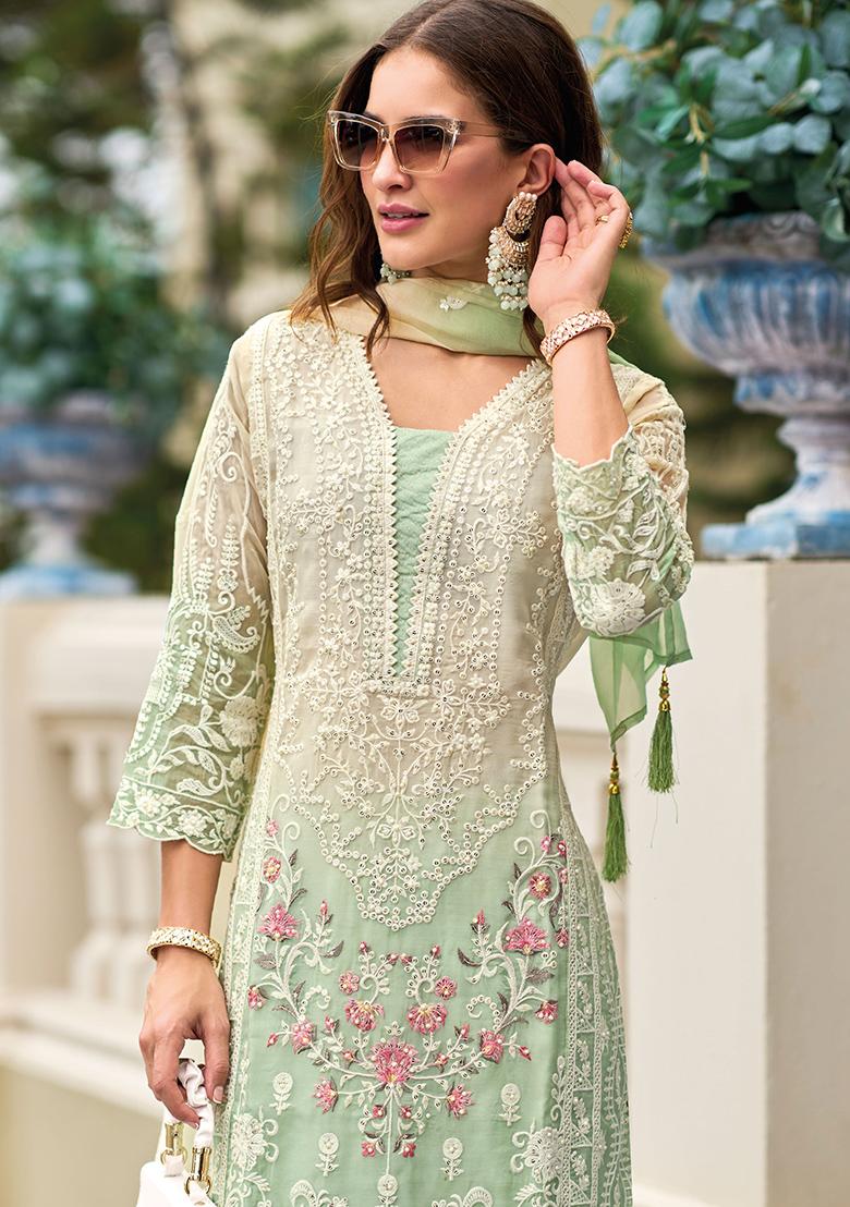 Pista Green Embroidered Organza Kurta Set