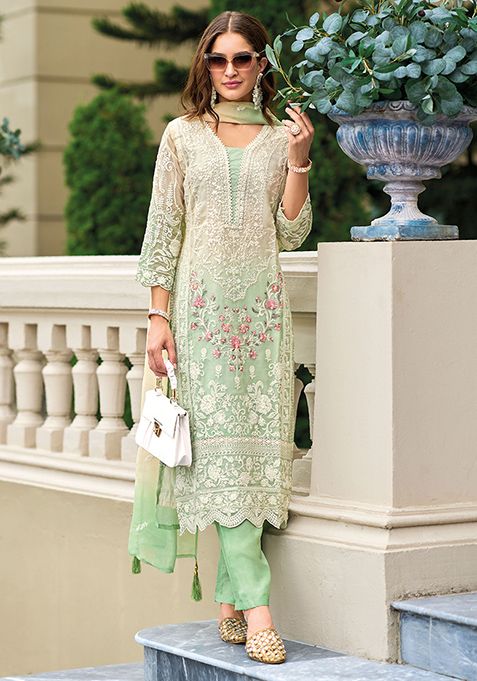 Pista Green Embroidered Organza Kurta Set