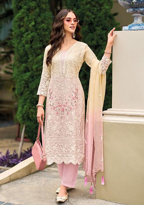 Peach Embroidered Organza Kurta Set