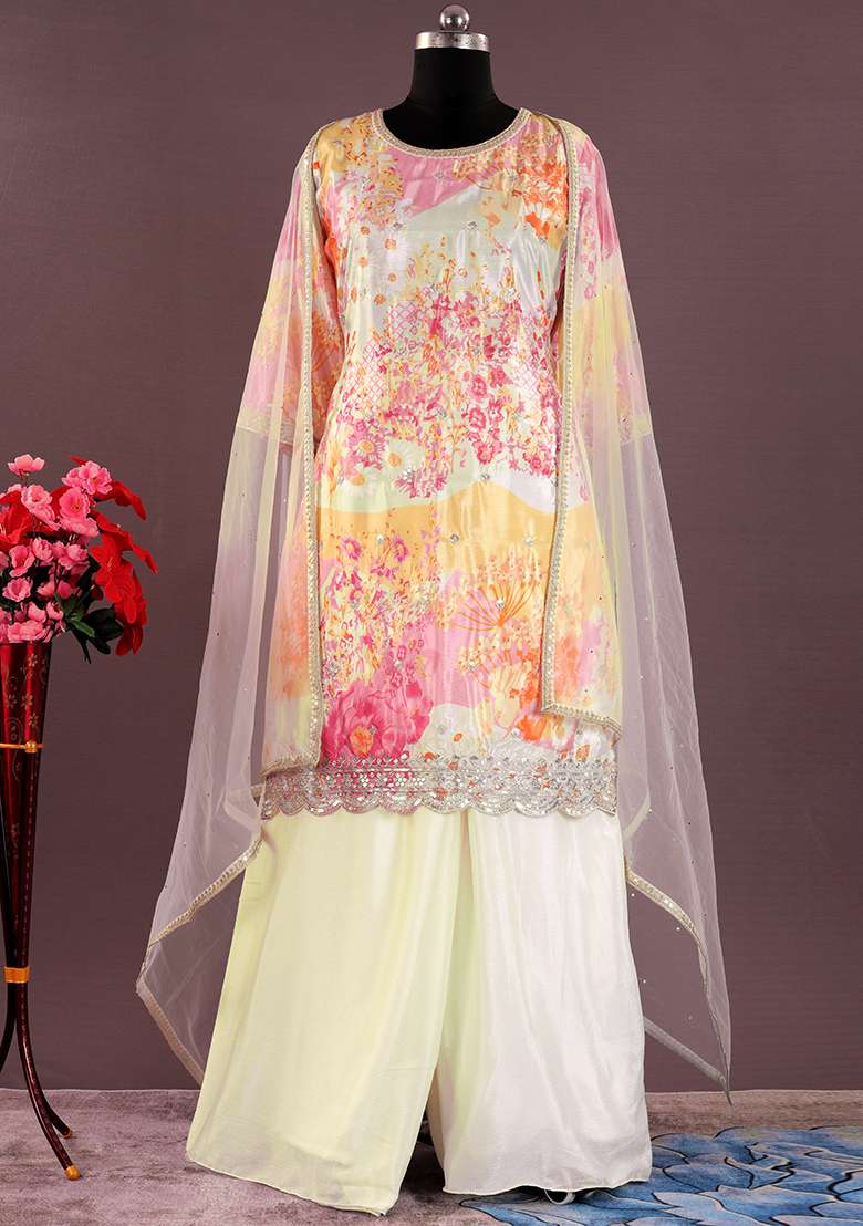 White Embroidered Silk Blend Sharara Set - Indya
