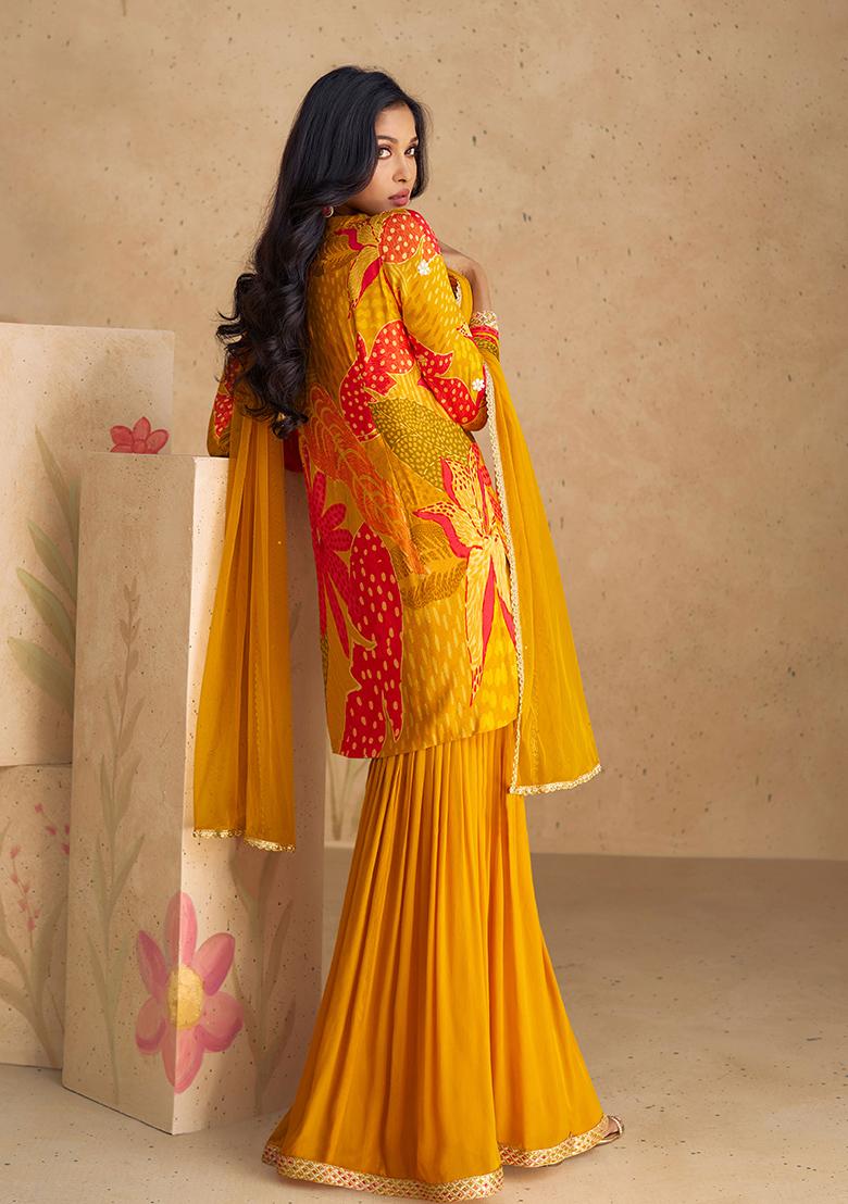 Mustard Embroidered Chinon Silk Kurta Set