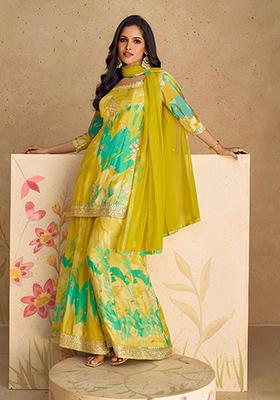 Yellow Embroidered Chinon Silk Kurta Set