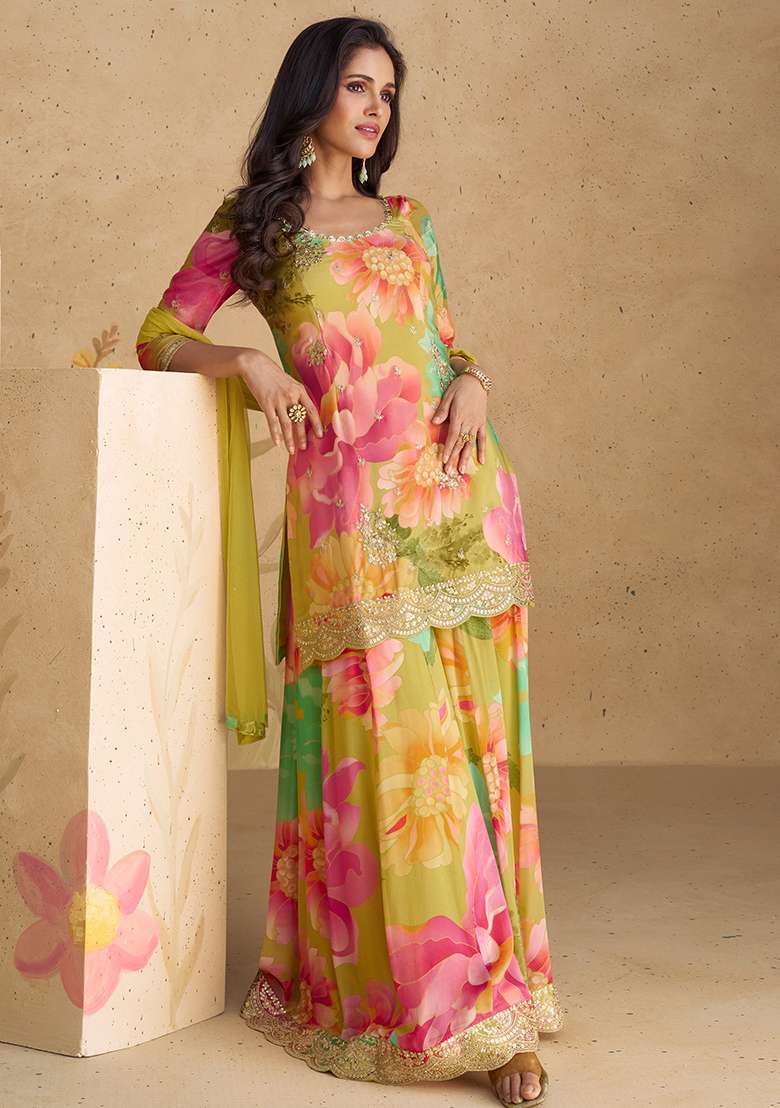 Multicolor Embroidered Silk Blend Sharara Set - Indya