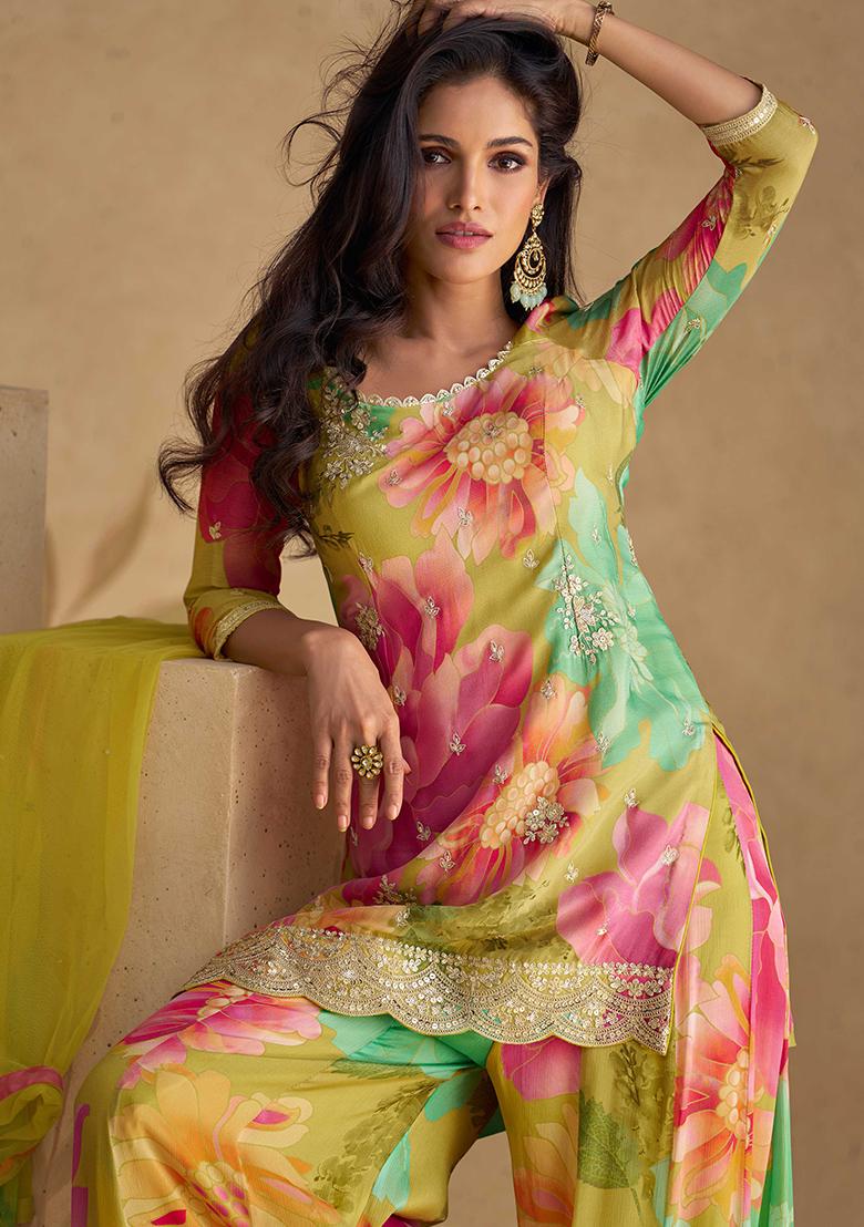 Multicolor Embroidered Chinon Silk Kurta Set