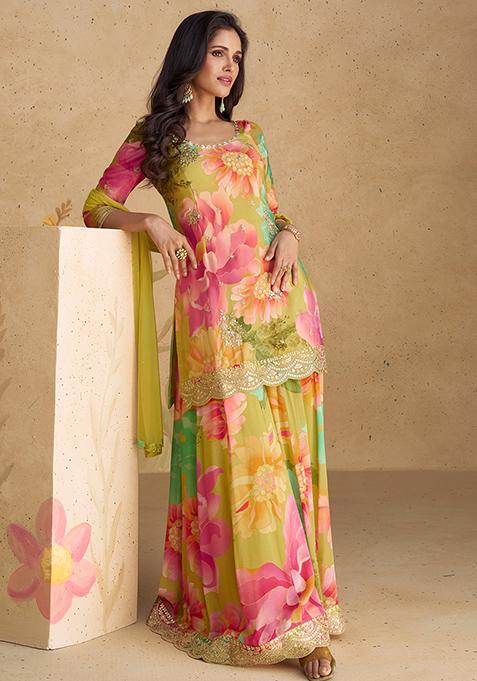 Multicolor Embroidered Chinon Silk Kurta Set