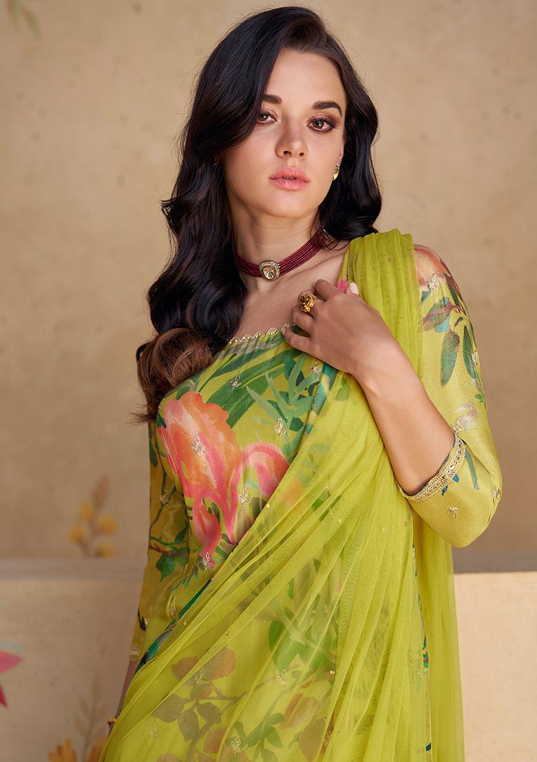 Olive Green Embroidered Chinon Silk Kurta Set