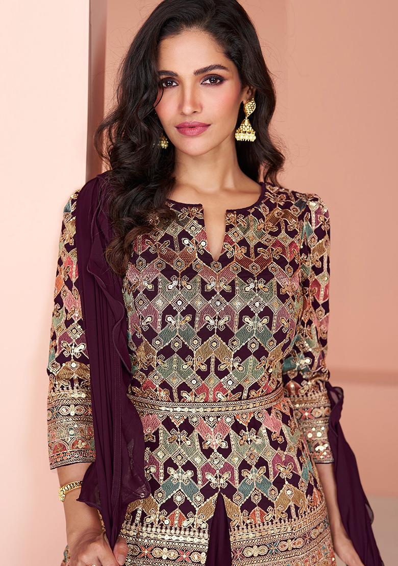 Wine Embroidered Georgette Kurta Set