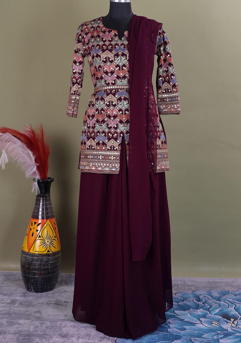 Wine Embroidered Georgette Kurta Set