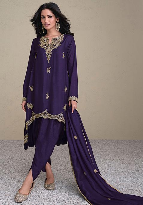 Purple Embroidered Silk Kurta Set