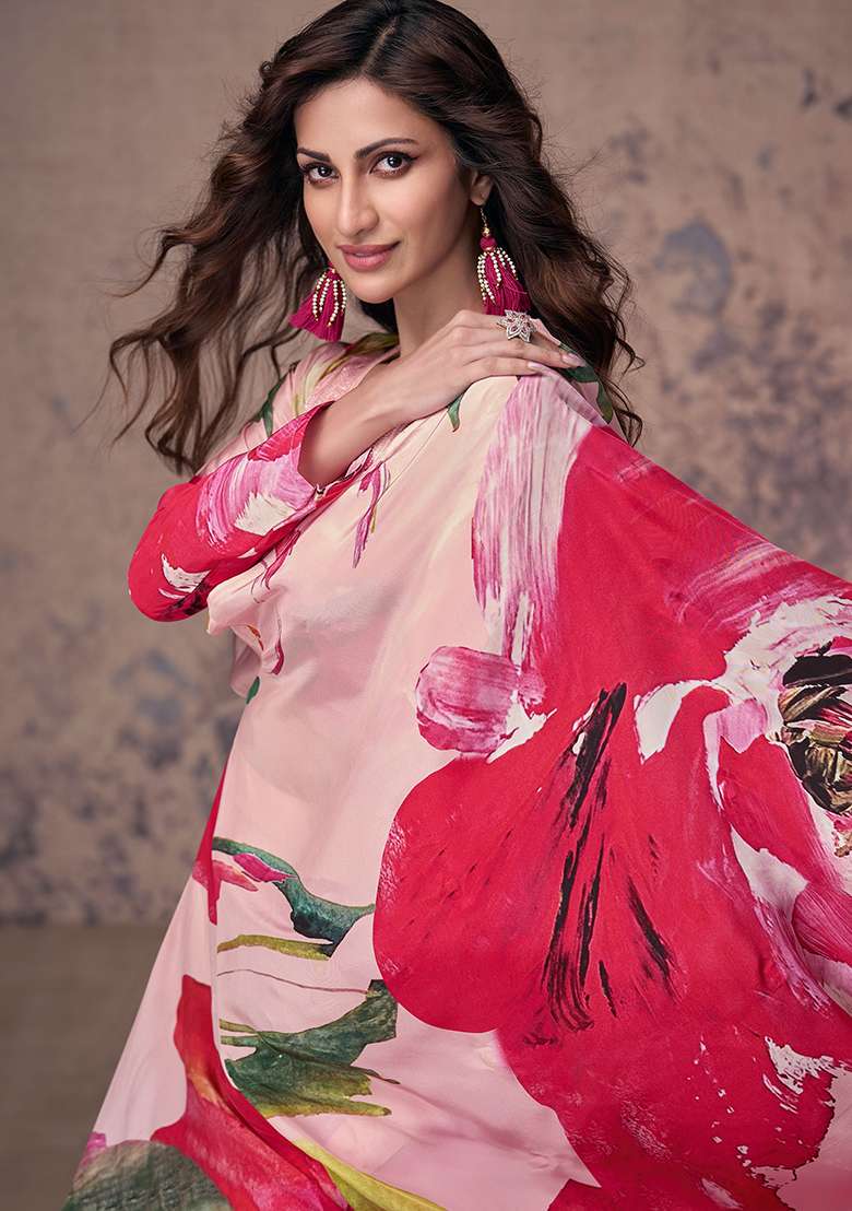 Pink Floral Print Silk Blend Co Ord Set for Diwali and Festive Wear - Indya