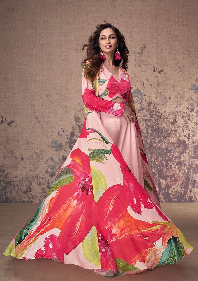 Pink Floral Print Silk Blend Co Ord Set for Diwali and Festive Wear - Indya