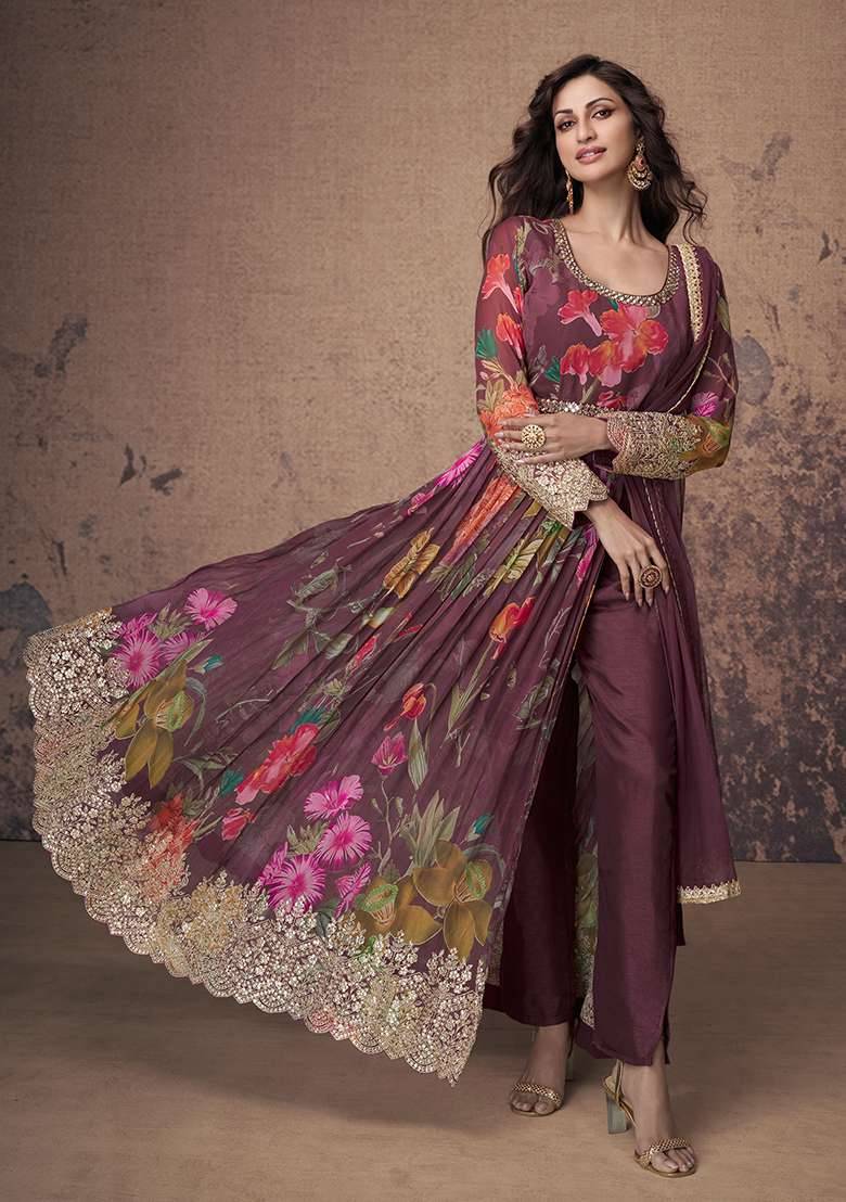 Wine Embroidered Georgette Anarkali Set - Indya