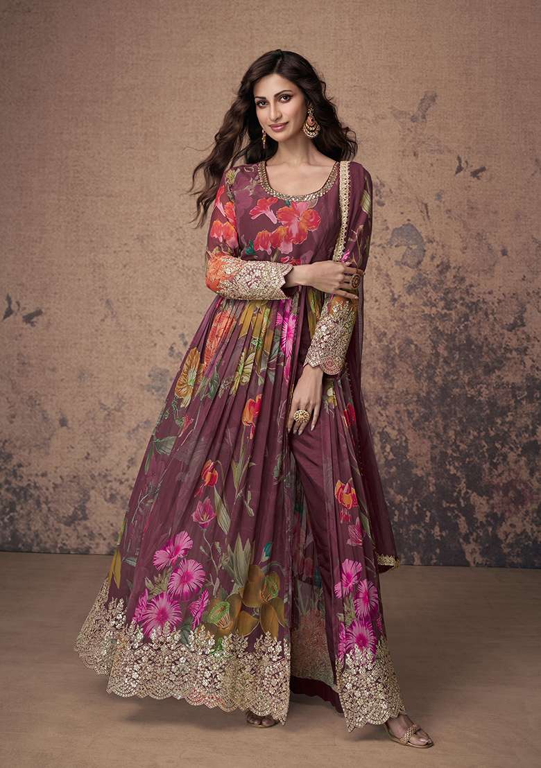 Wine Embroidered Georgette Anarkali Set - Indya