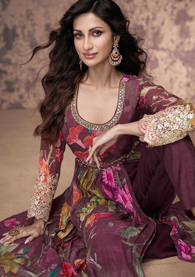 Wine Embroidered Georgette Anarkali Set - Indya