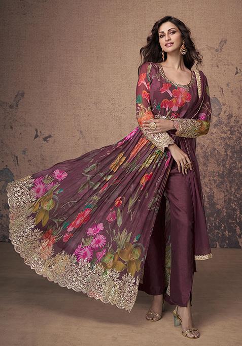 Wine Embroidered Georgette Kurta Set
