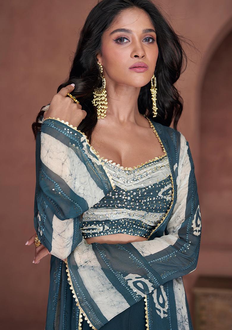 Teal Blue Embroidered Georgette Kurta Set