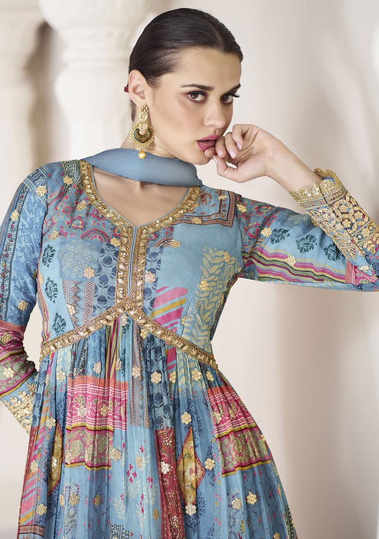 Blue Embroidered Organza Silk Kurta Set