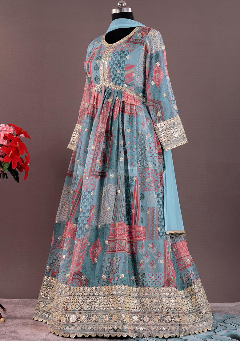 Blue Embroidered Organza Silk Kurta Set