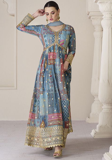 Blue Embroidered Organza Silk Kurta Set