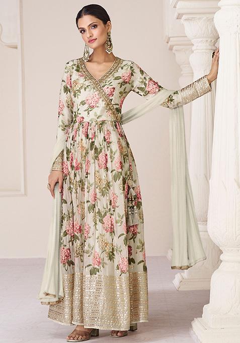 Cream Embroidered Organza Silk Kurta Set