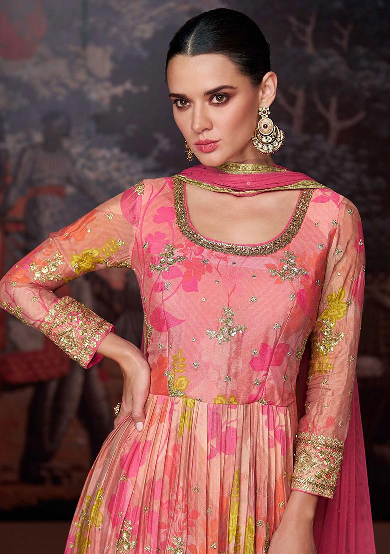 Pink Embroidered Georgette Kurta Set