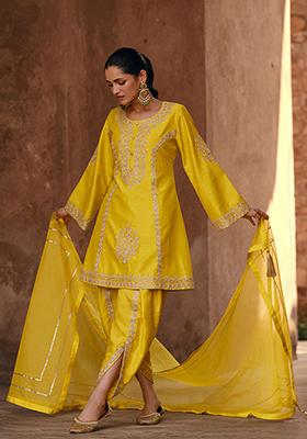 Yellow Embroidered Chinon Kurta Set