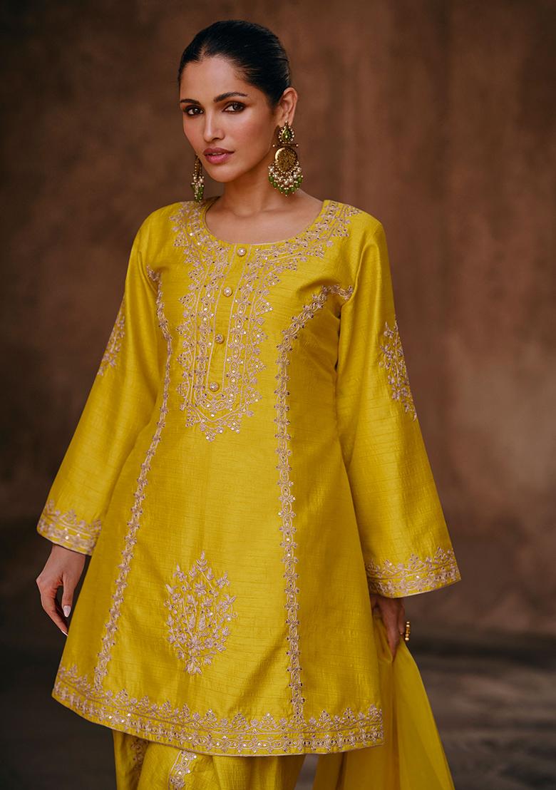 Yellow Embroidered Chinon Kurta Set