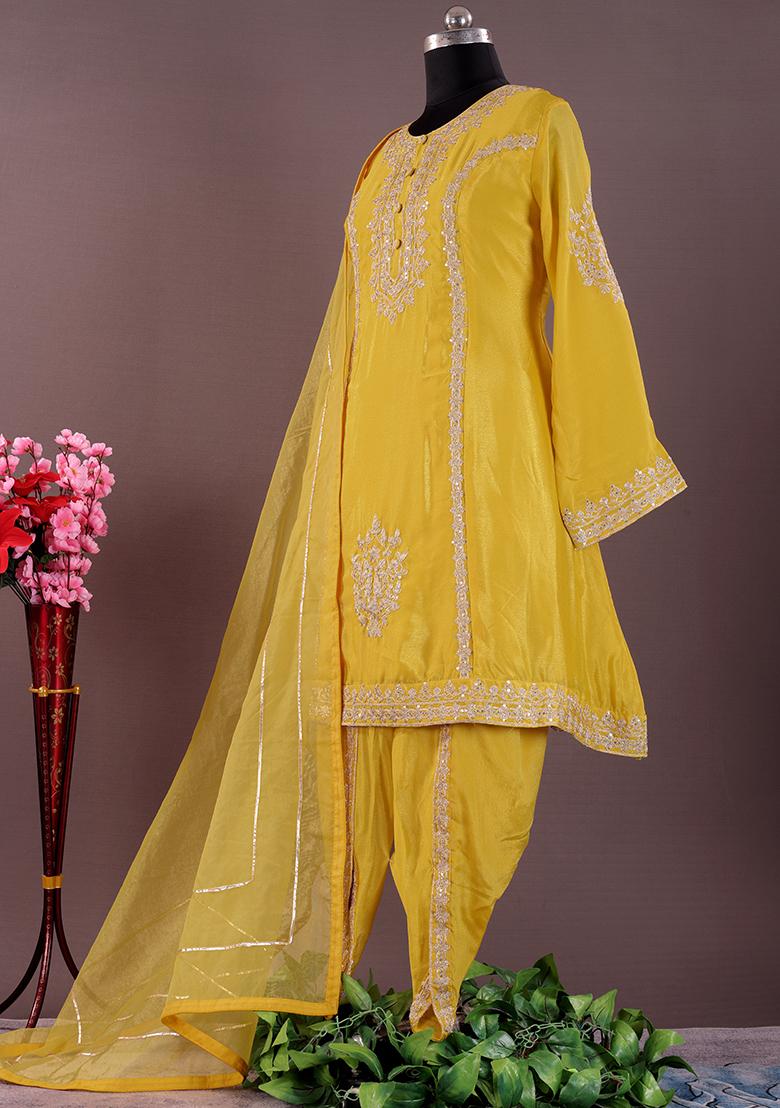 Yellow Embroidered Chinon Kurta Set
