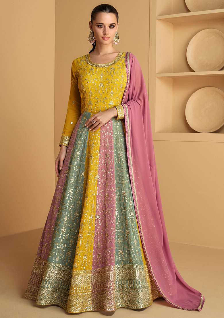 Mustard Embroidered Georgette Anarkali Set - Indya