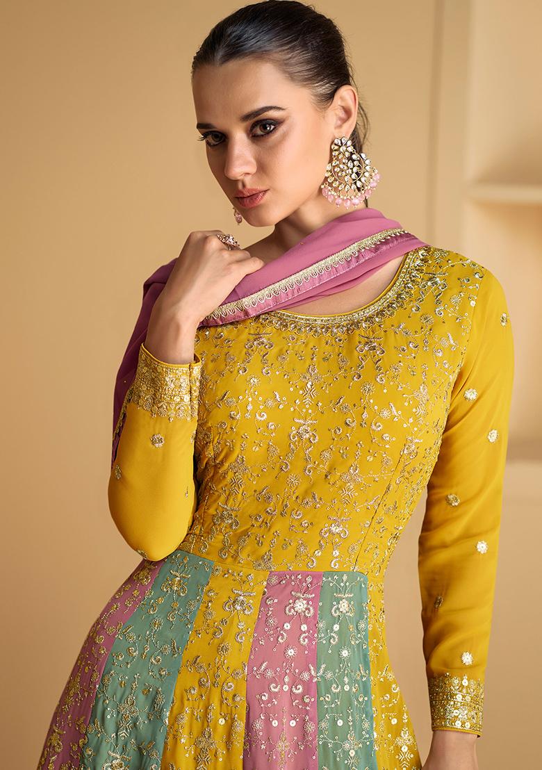 Mustard Embroidered Georgette Kurta Set