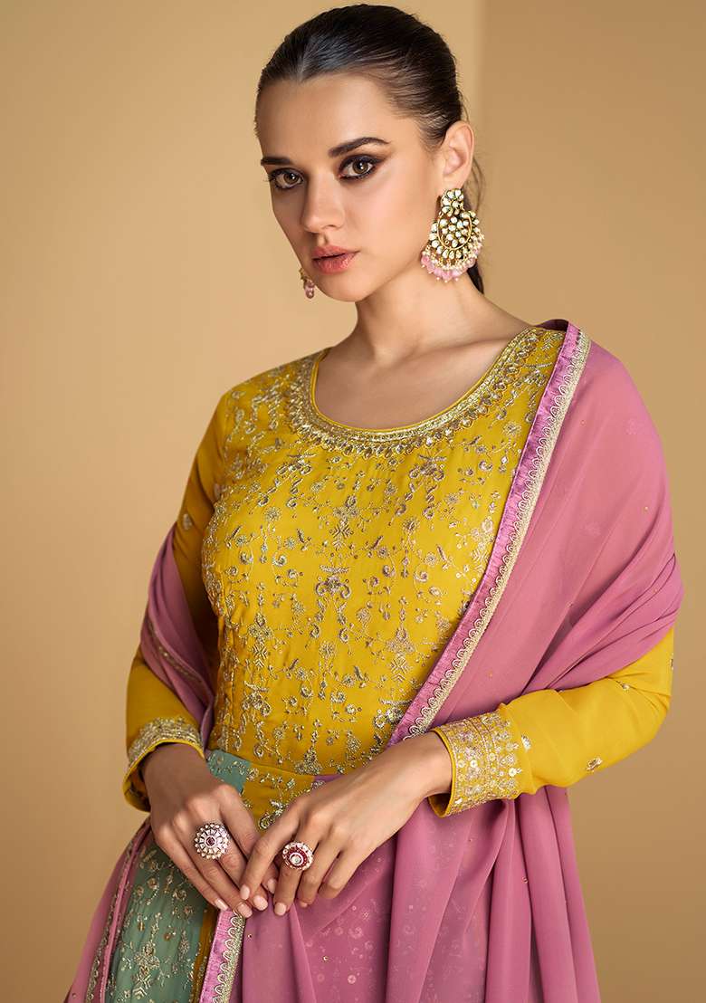 Mustard Embroidered Georgette Anarkali Set - Indya