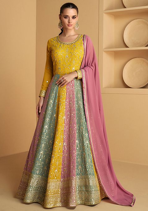 Mustard Embroidered Georgette Kurta Set