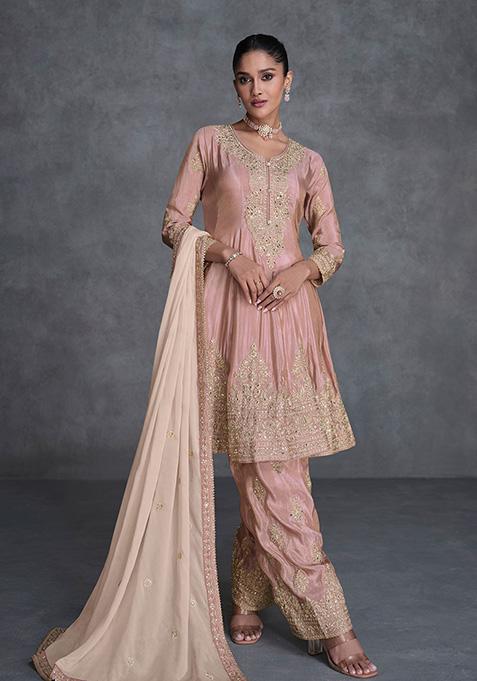 Rose Gold Embroidered Organza Silk Kurta Set