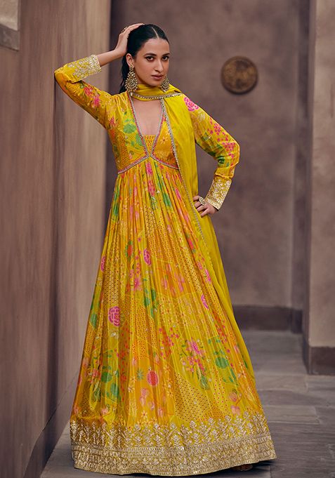 Mustard Embroidered Georgette Kurta Set