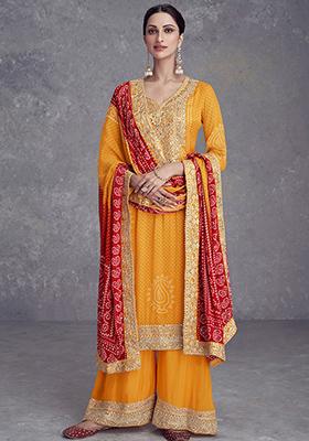 Mustard Embroidered Chinon Kurta Set