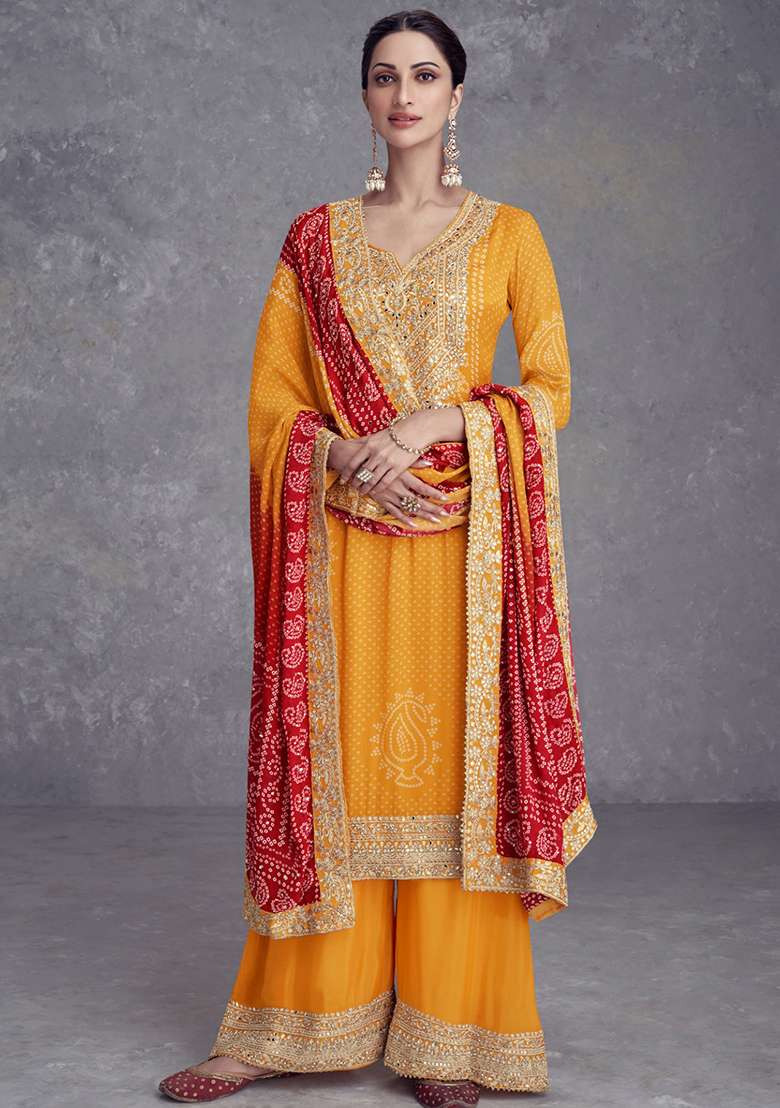 Mustard Embroidered Chinon Sharara Set - Indya