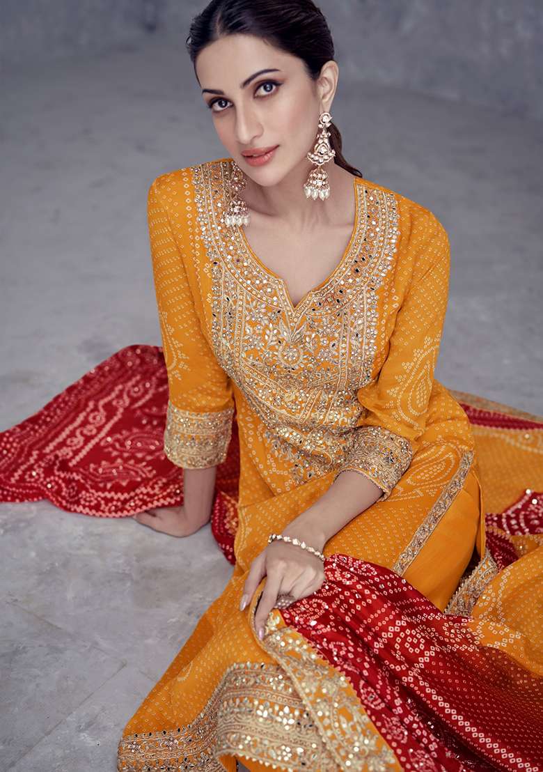 Mustard Embroidered Chinon Sharara Set - Indya