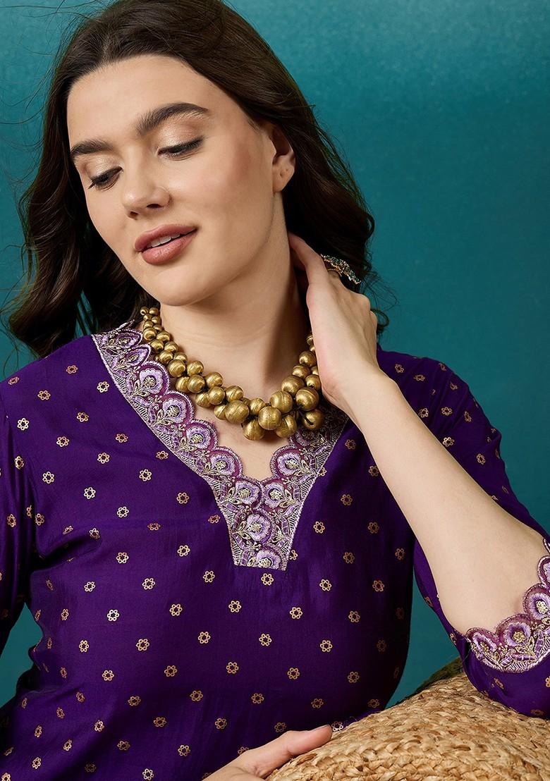 Purple Zari Sequin Embroidered Chinon Kurta Set