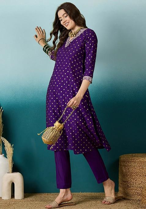 Purple Zari Sequin Embroidered Chinon Kurta Set