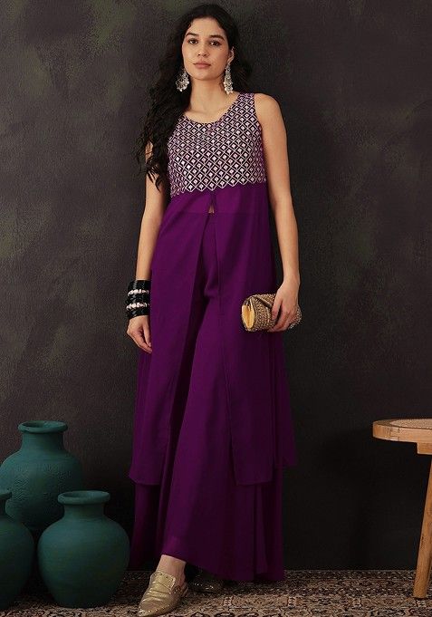 Magenta Zari Embroidered Georgette Kurta Set