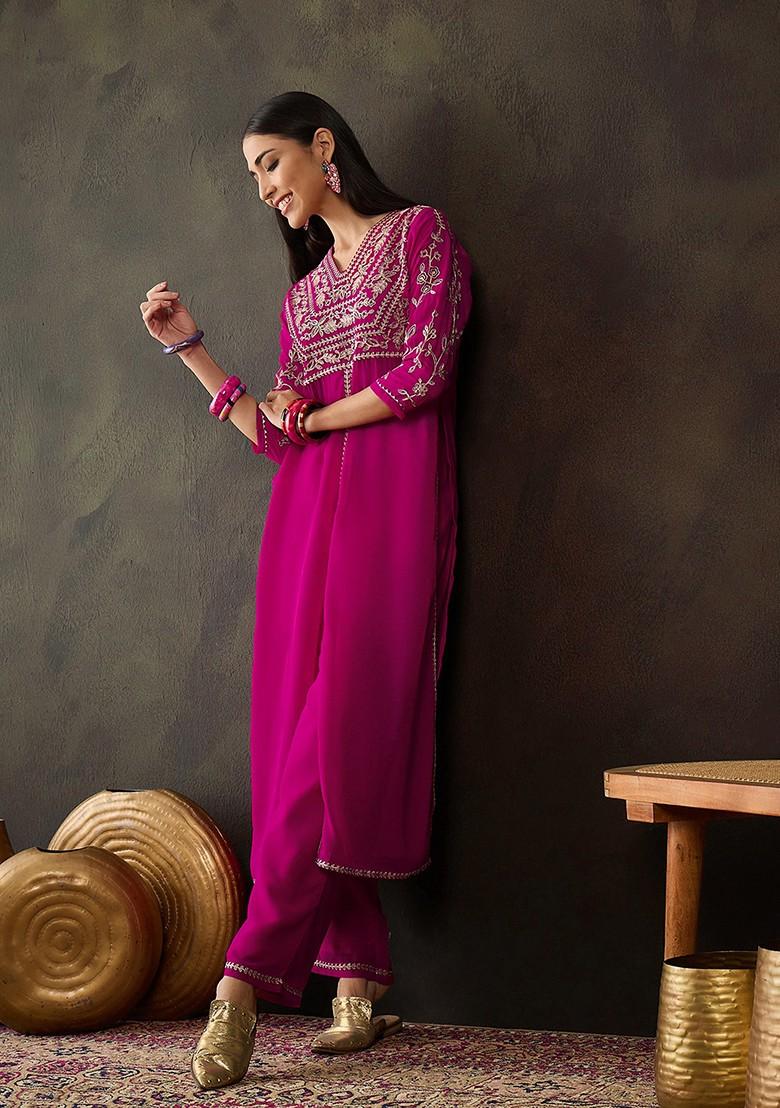 Rani Pink Zari Embroidered Georgette Kurta Set