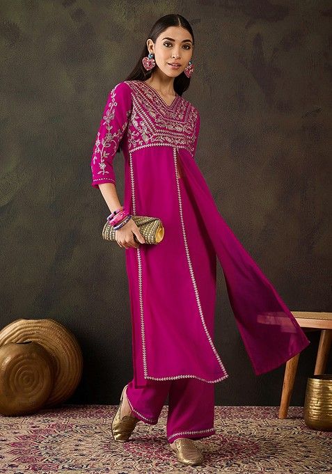 Rani Pink Zari Embroidered Georgette Kurta Set