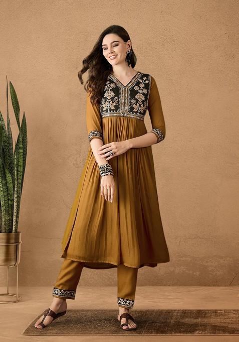 Yellow Zari Embroidered Georgette Kurta Set