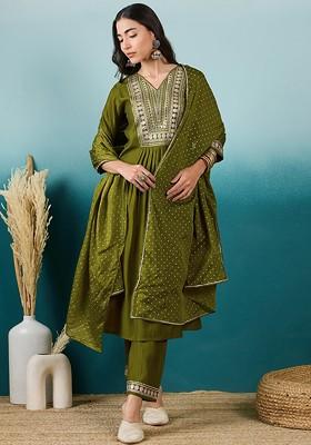 Mehndi Green Zari Sequin Embroidered Chinon Kurta Set