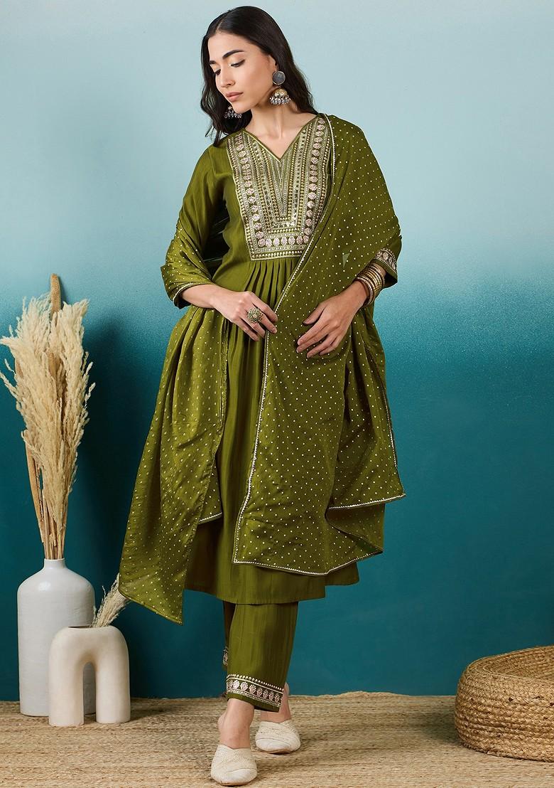 Mehndi Green Zari Sequin Embroidered Chinon Kurta Set