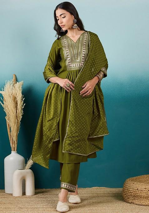 Mehndi Green Zari Sequin Embroidered Chinon Kurta Set