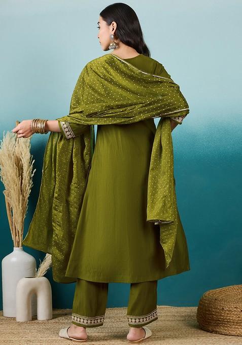 Mehndi Green Zari Sequin Embroidered Chinon Kurta Set
