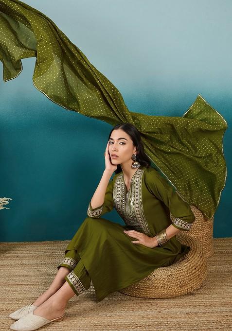 Mehndi Green Zari Sequin Embroidered Chinon Kurta Set