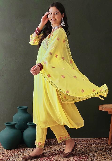 Yellow Zari Sequin Embroidered Georgette Kurta Set