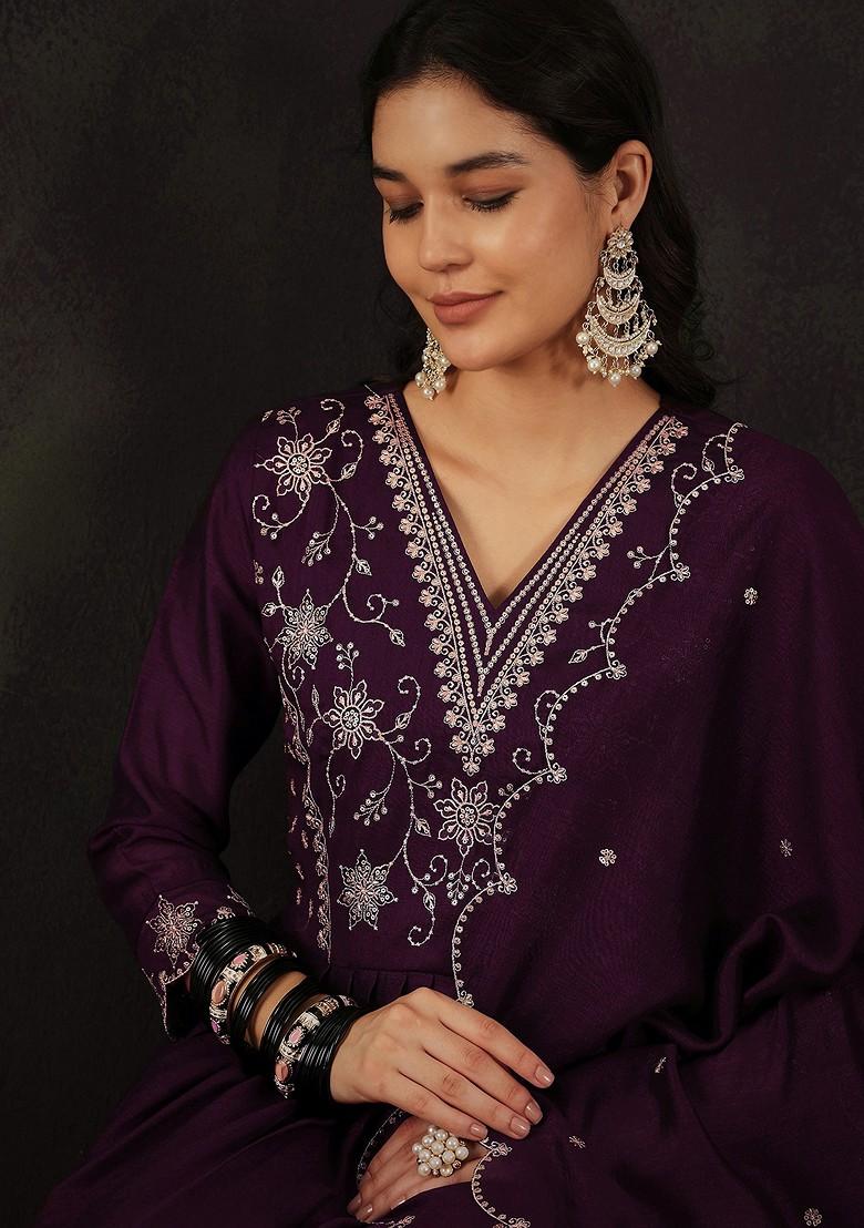 Magenta Zari Sequin Embroidered Vichitra Kurta Set